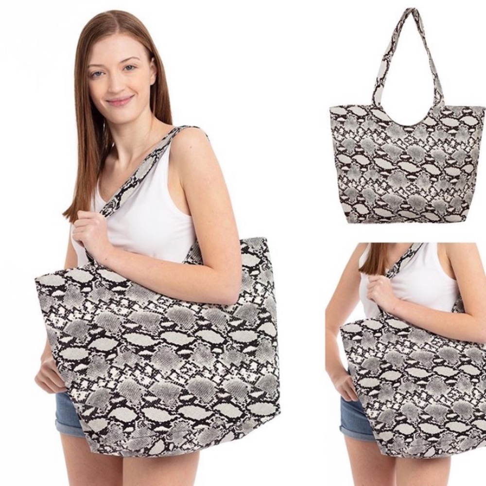 Snakeskin Print Beach Bag Tote with Zip Closure